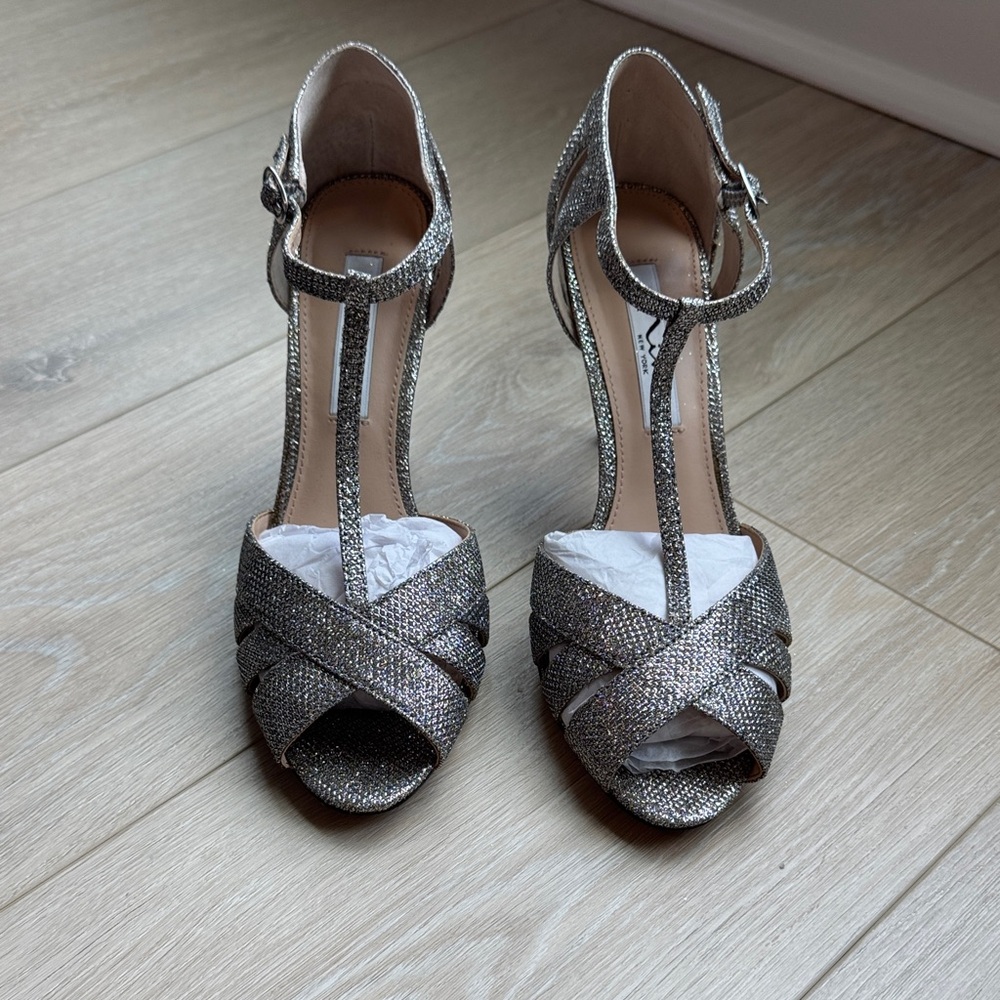 Nina Glittering Silver T-Strap Heels